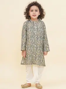 Sethukrishna Boys Floral Printed Band Collar Straight Kurta With Dhoti Pants