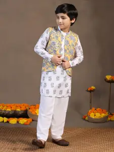 Sangria White Boys Floral Printed Kurta With Trouser And Jacket
