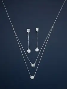 Kushal's Fashion Jewellery Sterling Silver Rhodium-Plated CZ Studded Necklace & Earrings