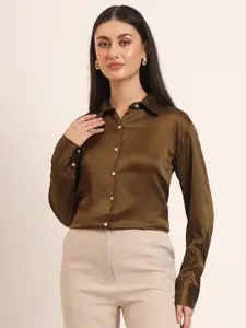 AMSWAN Women Comfort Fit Spread Collar Solid Satin Casual Shirt