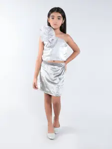 taffykids Girls Ruffle One Shoulder Velvet Crop Top With Skirt