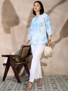 all about you Floral Printed Mandarin Collar Puff Sleeve Top