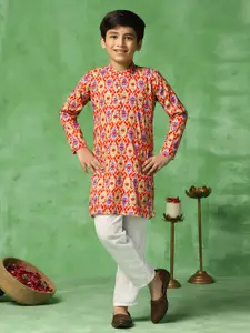 Sangria Boys Red Abstract Printed Band Collar Long Sleeves Straight Kurta With Trousers