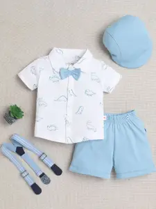 BUMZEE Infants Boys Printed Pure Cotton Shirt With Shorts And Bow Cap Suspenders