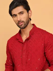 Jompers Floral Embroidered Mandarin Collar Chikankari Straight Kurta With Pyjama