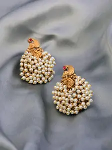 Anvik Artificial Stones Studded & Beaded Peacock Shaped Drop Earrings