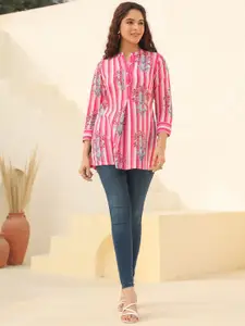 Rain & Rainbow Floral Printed Mandarin Collar Cotton A-Line Top