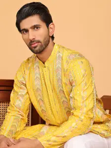 Jompers Geometric Embroidered Mandarin Collar Straight Kurta With Pyjamas
