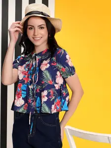 Kotty Women Floral Printed Tie-Up Neck Puff Sleeves Peplum Top