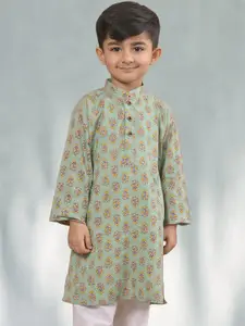 Sangria Boys Green Floral Printed Mandarin Collar Straight Kurta