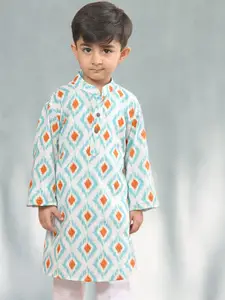 Sangria Boys Blue & White Geometric Printed Mandarin Collar Pure Cotton Straight Kurta