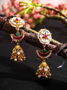 PANASH Gold-Plated Artificial Stones Studded And Beaded Contemporary Shaped Jhumkas