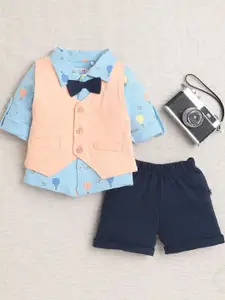 BUMZEE Infants Boys Printed Shirt Collar Pure Cotton Shirt With Shorts And Bow Waistcoat