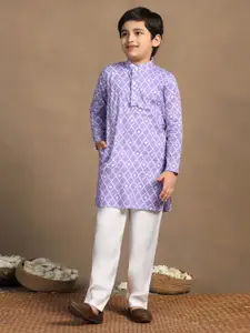 Sangria Boys Purple Floral Printed Band Collar Long Sleeves Straight Kurta With Trousers
