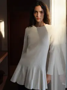 MANGO Pleated Knit Drop-Waist Mini Dress