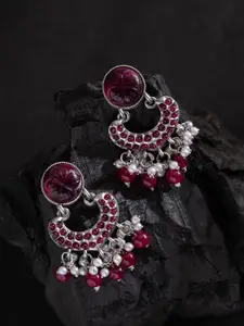 PANASH Silver-Plated Stones Studded And Beaded Contemporary Shaped Oxidized Drop Earrings