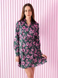 ONLY Wrap Floral Print A-Line Cuffed Sleeves Dress