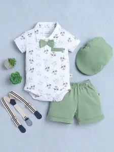 BUMZEE Infants Boys Printed Pure Cotton Bodysuit With Shorts And Bow Suspender & Cap
