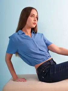 ONLY Women Spread Collar Solid Cotton Casual Shirt