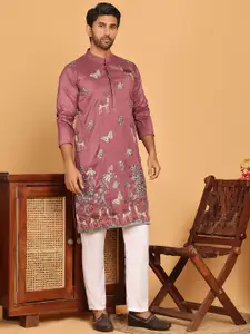 Jompers Quirky Embroidered Mandarin Collar Straight Kurta With Pyjamas