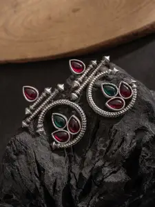 PANASH Silver-Plated Stones Studded Contemporary Shaped Oxidized Drop Earrings