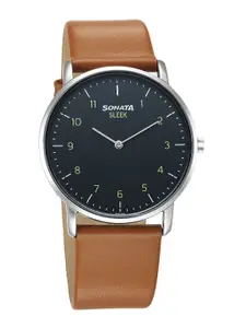 Sonata Men Brass Printed Dial & Leather Straps Analogue Watch 7152SL01