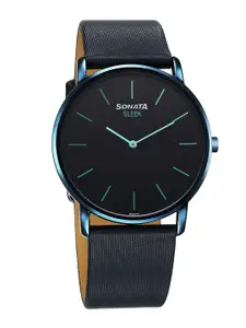 Sonata Men Brass Dial & Leather Straps Reset Time Analogue Watch 7152QL01