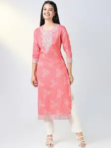 SHOWOFF Ethnic Motifs Printed Round Neck Zari Straight Kurtas