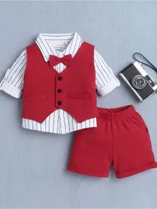 BUMZEE Infants Boys Striped Shirt Collar Pure Cotton Shirt With Shorts And Bow Waistcoat