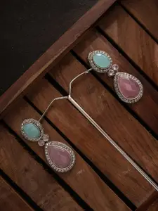 PANASH Silver Plated Artificial Stones Studded Teardrop Shaped Oxidized Drop Earrings