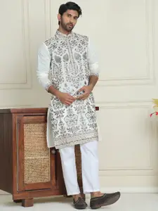 Jompers Floral Embroidered Mandarin Collar Straight Kurta With Pyjamas