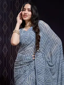 Mitera Bandhani Beads and Stones Poly Chiffon Saree