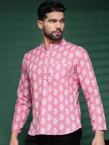 Sangria Pink Floral Printed Mandarin Collar Cotton Short Kurta
