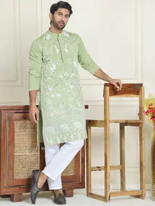 Jompers Floral Embroidered Silk Blend Mandarin Collar Straight Kurta With Pyjamas