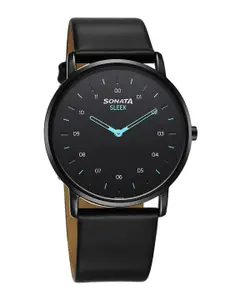 Sonata Men Brass Dial & Leather Straps Analogue Watch 7152NL01
