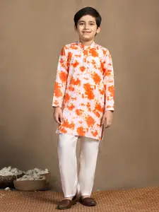 Sangria Orange & White Boys Striped Embroidered Band Collar Straight Kurta With Trouser