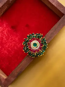 PANASH Gold-Plated Kundan Studded And Beaded Finger Ring