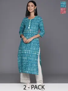 Varanga Selection Of 2 Ethnic Motifs Printed Tie-Up Neck Cotton Straight Kurtas