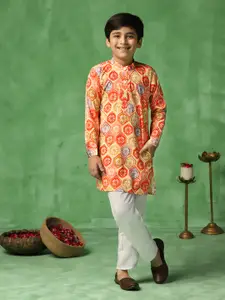 Sangria Orange & Beige Boys Floral Printed Band Collar Cotton Straight Kurta With Trouser