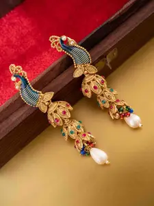 PANASH Gold-Plated Artificial Stones Studded And Beaded Peacock Shaped Drop Earrings