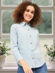 DressBerry Women Classic Fit Spread Collar Solid Cotton Casual Shirt