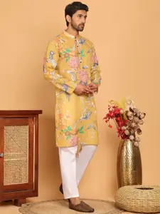 Jompers Floral Printed Pure Cotton Mandarin Collar Straight Kurta With Pyjamas