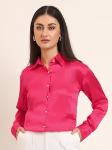 AMSWAN Women Comfort Fit Spread Collar Solid Satin Casual Shirt