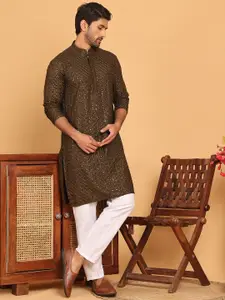 Jompers Floral Embroidered Mandarin Collar Straight Kurta With Pyjamas
