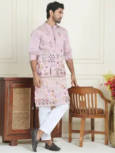 Jompers Floral Embroidered Thread Work Mandarin Collar Straight Kurta With Pyjamas