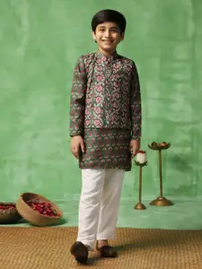 Sangria Green & Red Boys Floral Printed Band Collar Straight Kurta With Trouser
