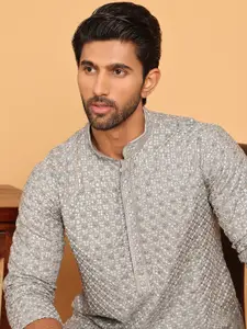 Jompers Floral Embroidered Mandarin Collar Sequinned Straight Kurta With Pyjama