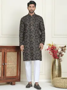 Jompers Floral Embroidered Mandarin Collar Straight Kurta With Pyjamas