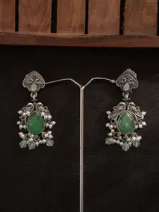 PANASH Silver-Plated Stones Studded And Beaded Contemporary Shaped Oxidized Drop Earrings