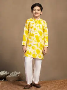 Sangria Boys Yellow Abstract Dyed Band Collar Sequinned Straight Kurta With Trousers